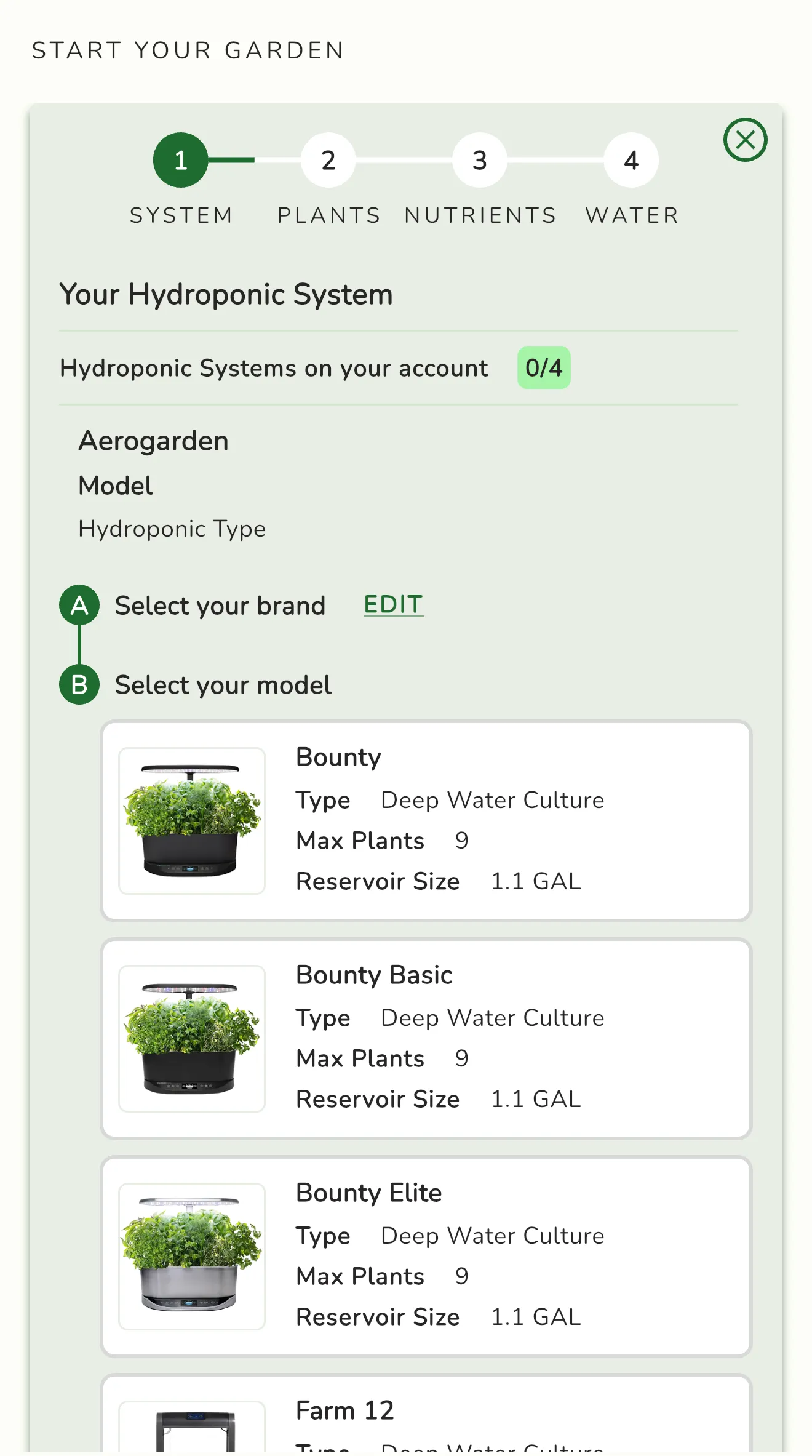 Ponics app system selection screen — choose your hydroponic setup from supported systems